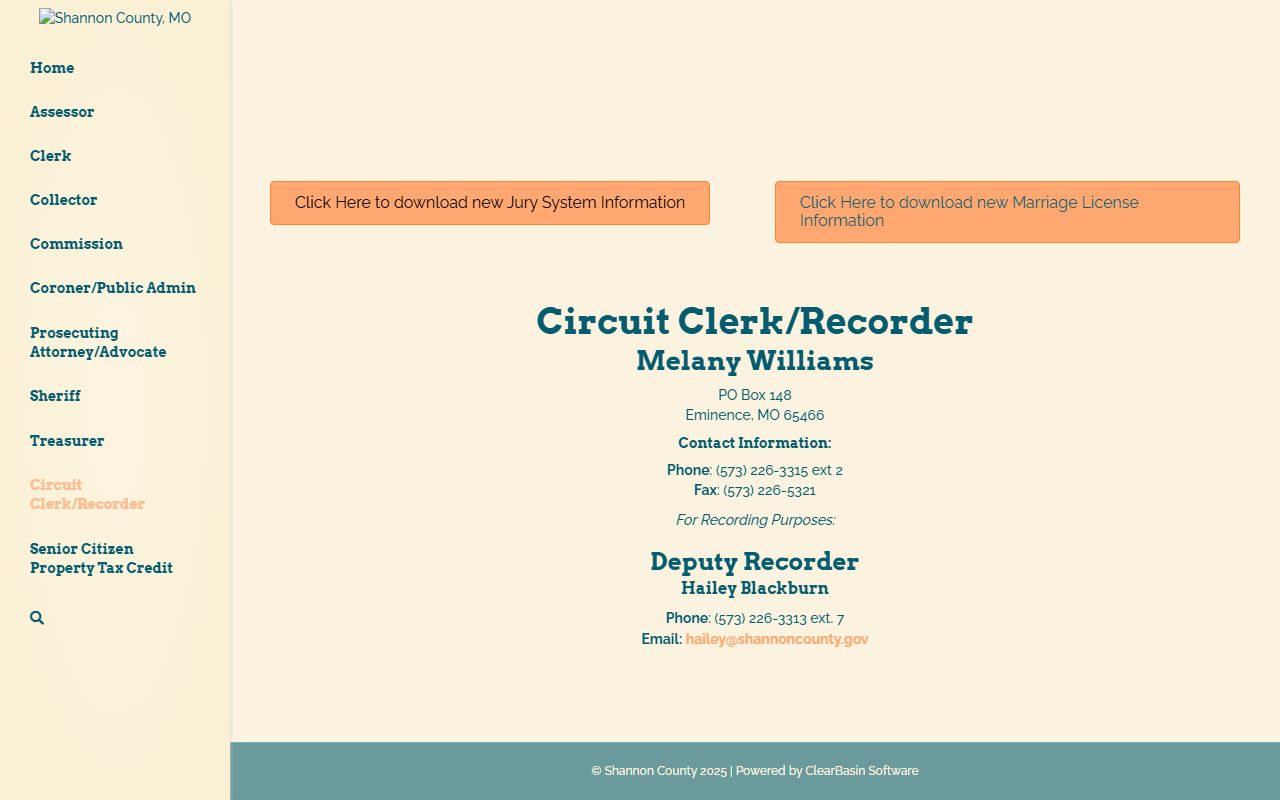 Shannon County Circuit Clerk Recorder court records office page