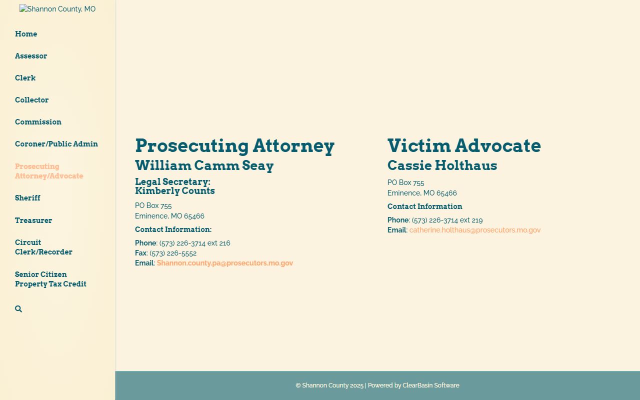 Shannon County Prosecuting Attorney page for court charges after arrest