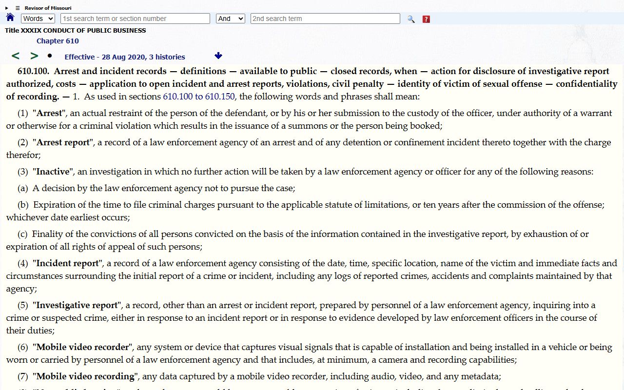 Missouri arrest and incident records statute for Shannon County arrest records