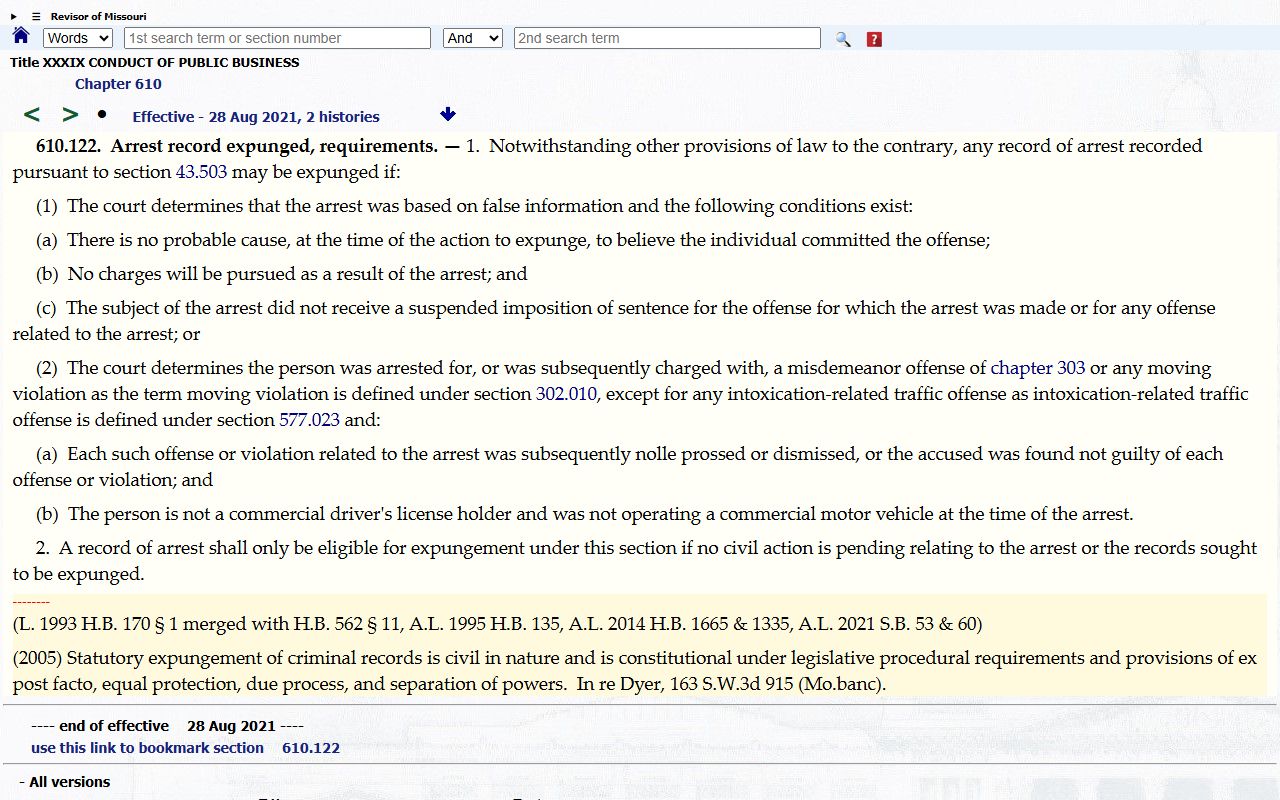 Missouri arrest record expungement statute for Shannon County arrest records