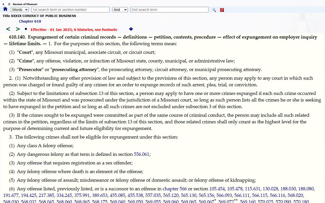 Missouri criminal record expungement statute for Shannon County criminal court records