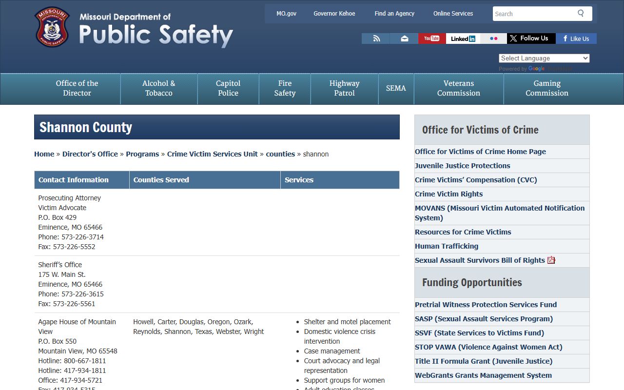 Missouri DPS Shannon County victim services for court records