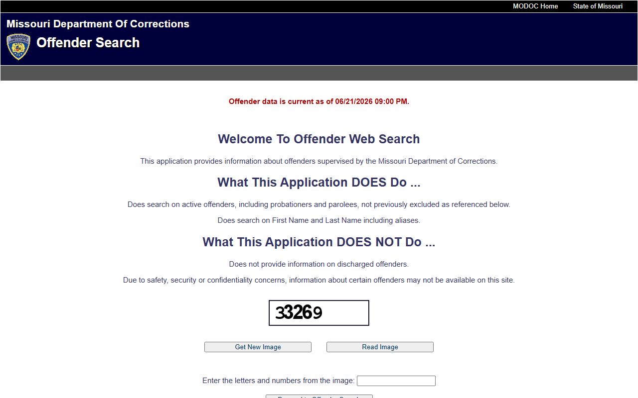 Shannon County inmate search using Missouri DOC offender web search