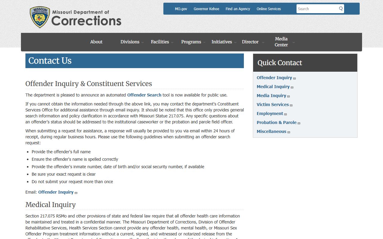 Shannon County inmate records Missouri DOC contact assistance page