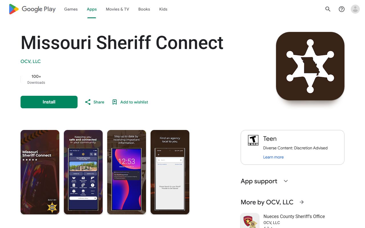 Shannon County inmate records app research showing MO Sheriff Connect Google Play listing