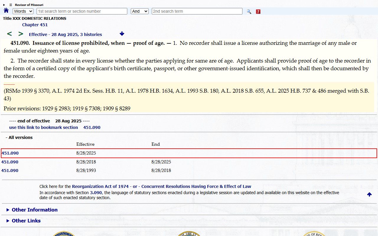 Shannon County marriage records Missouri marriage-license age statute