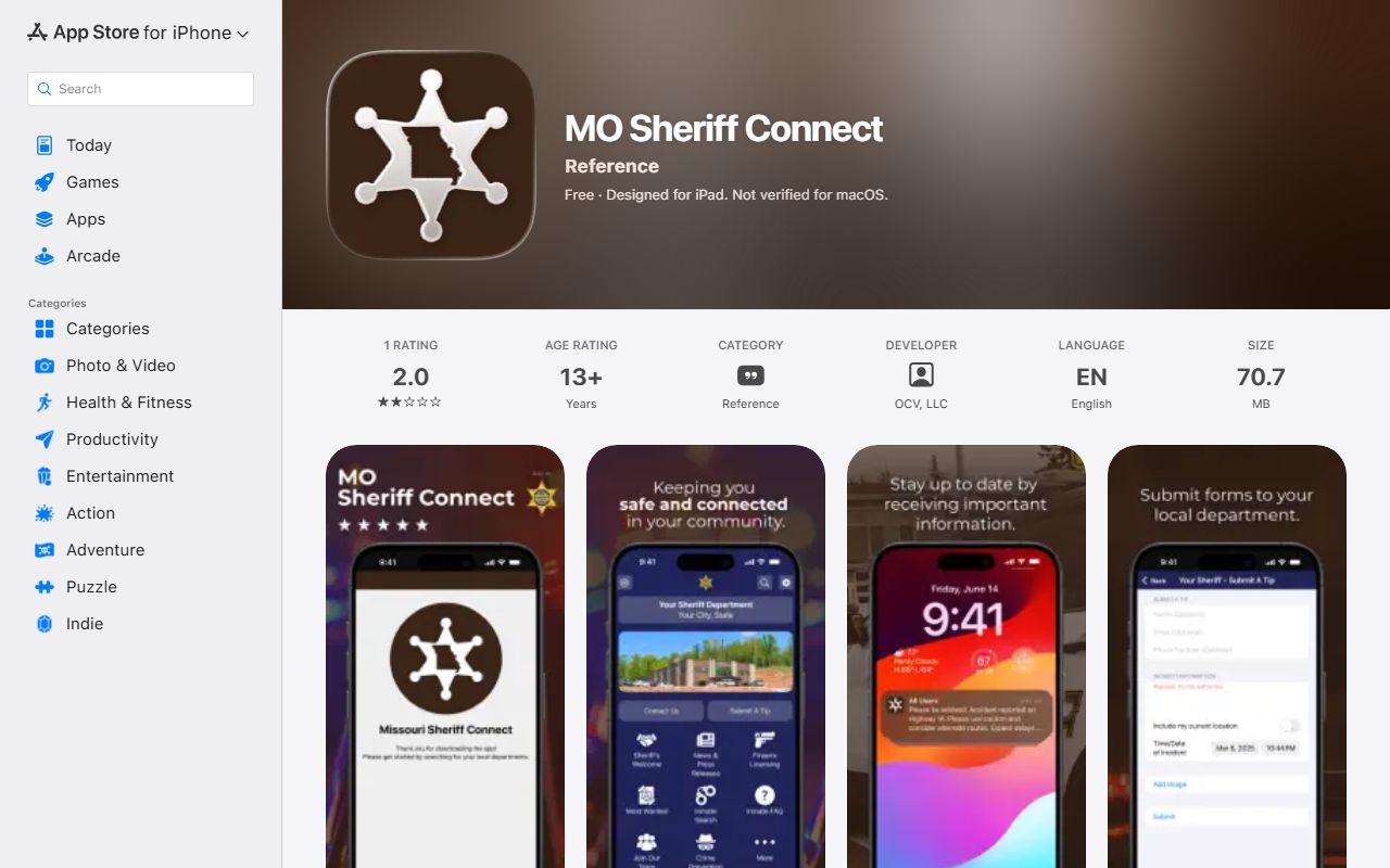 Shannon County warrant search app research showing MO Sheriff Connect listing